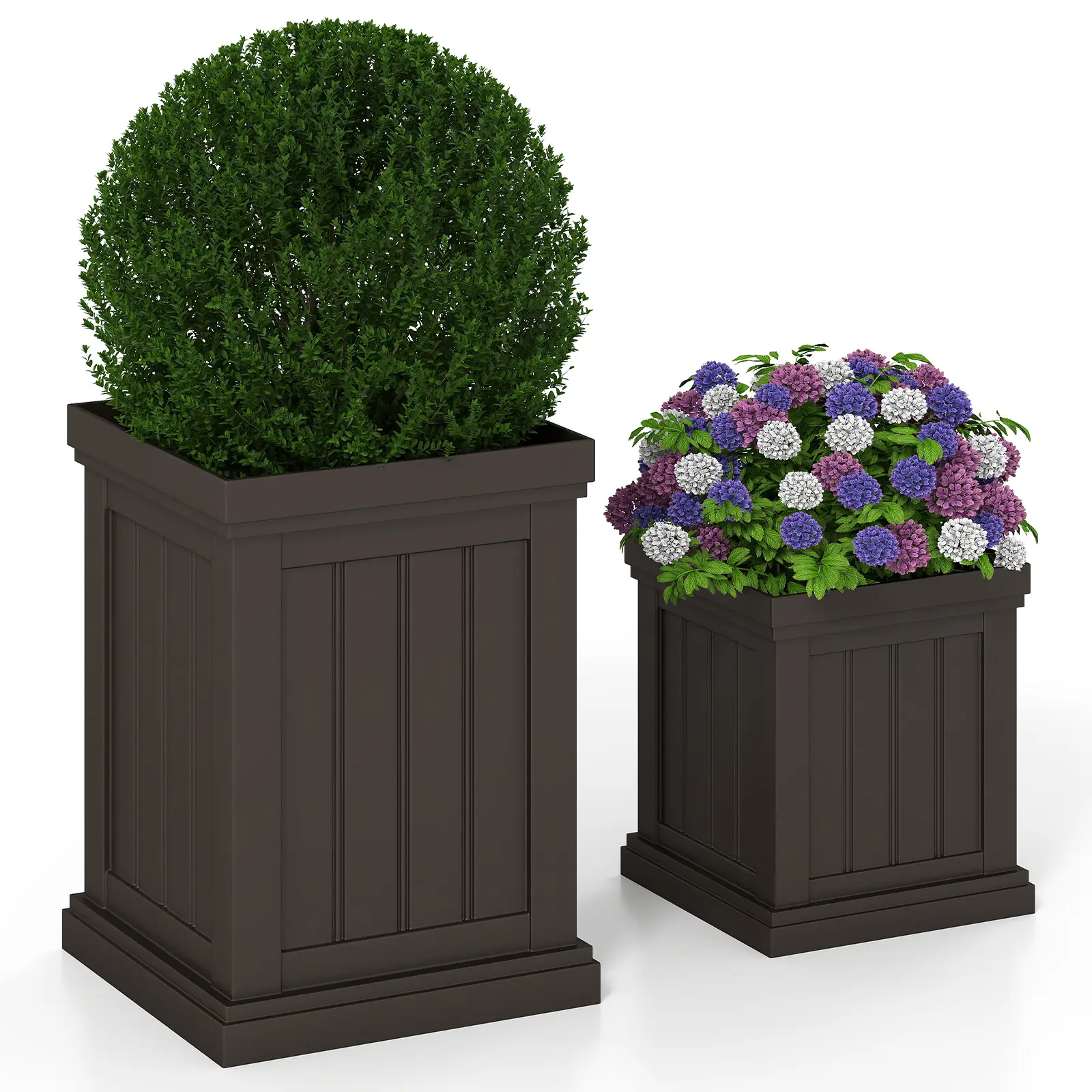 Lot de 2 Pots à Plantes en Plastique Carrées, Jardinières avec 2 Tailles Trous de Drainage et Design Empilable, Intérieur et d’Extérieur, Brun