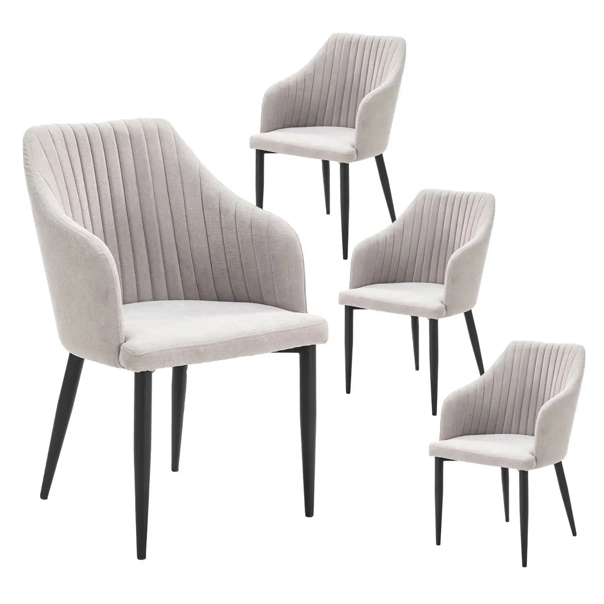 Lot de 4 Fauteuils Tissu Gris Clair Surpiqures Verticales Pieds Métal Noir – FASCA