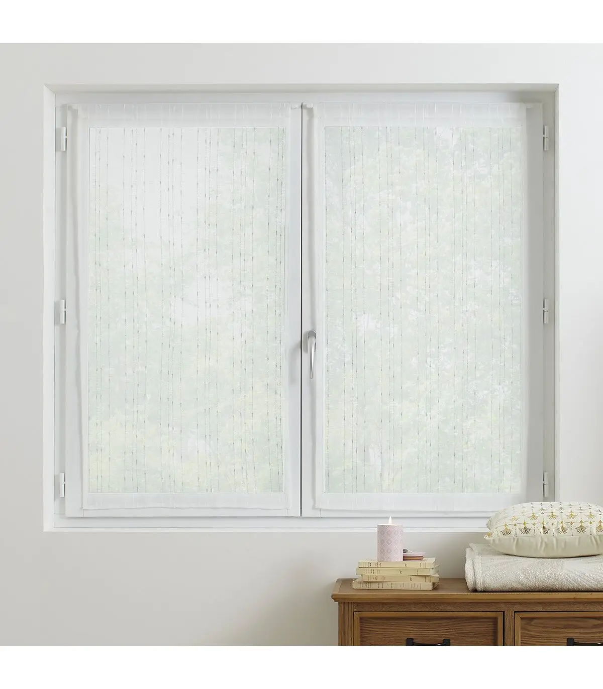 Lot de 2 Voilages Vitrage Blanc imprimé Anissa 60 x 120 cm