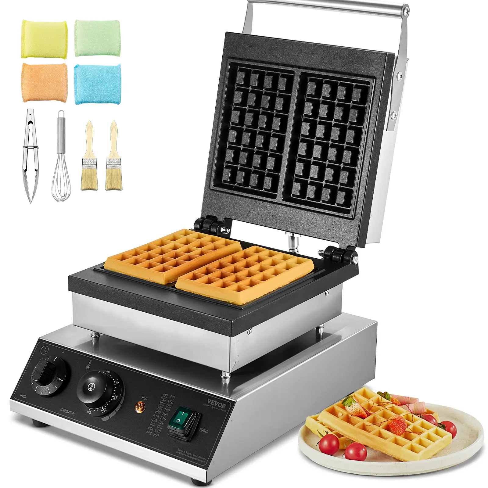 VEVOR Gaufrier commercial 2000W, appareil gaufres belges rectangulaires capacité 2 PCs, inox.