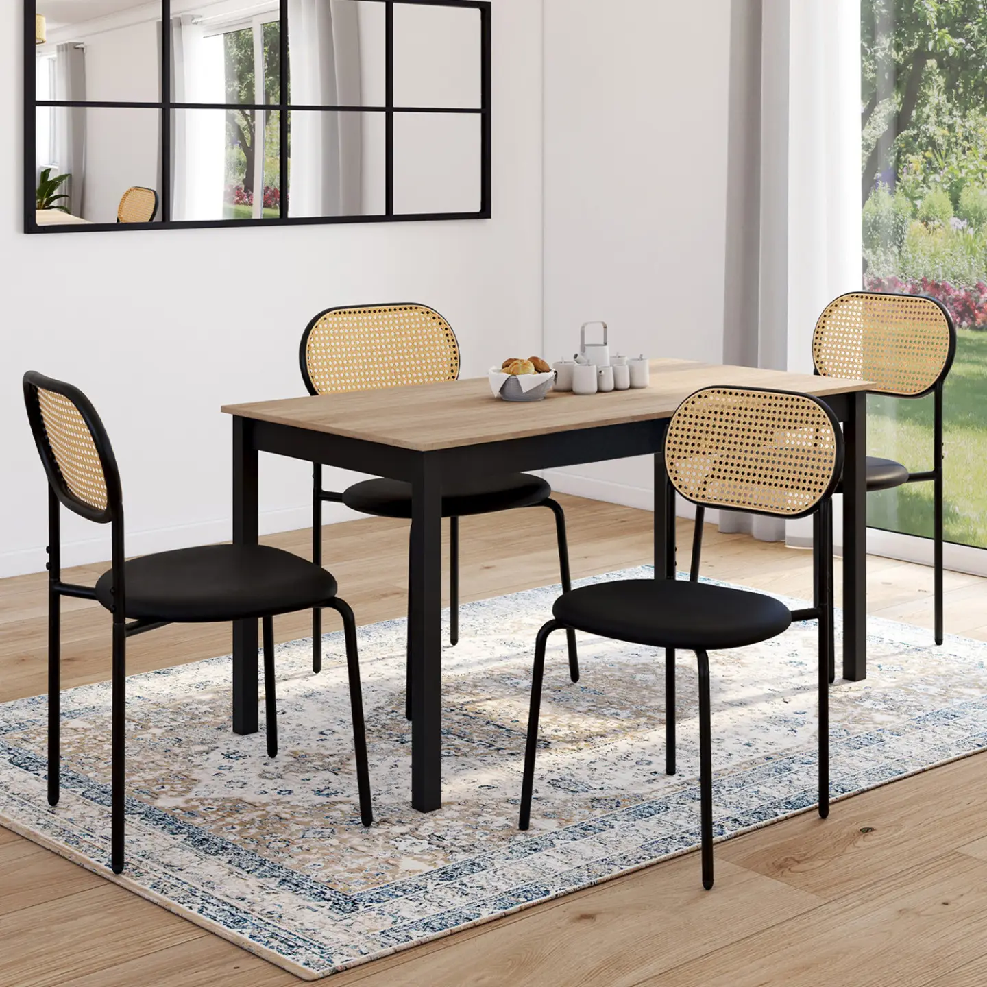 Lot de 4 chaises vintage CLOTILDE en métal noir et dossier cannage pour salle à manger