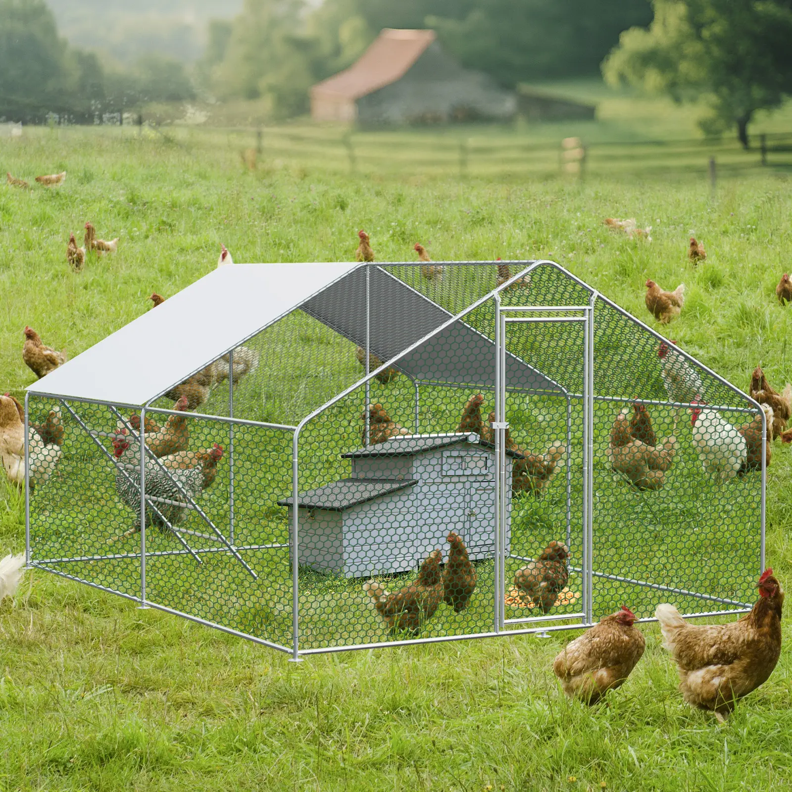 Grand Parc Poulailler 12m² Acier Extérieur Sécurité Animaux Bâche Argent