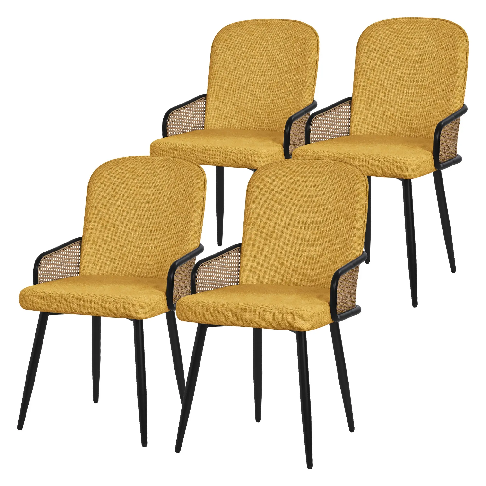Lot de 4 chaises de salle à manger en tissu moutarde avec accoudoirs en rotin pieds en métal noir assise rembourrée confortable fauteuils ergonomiques