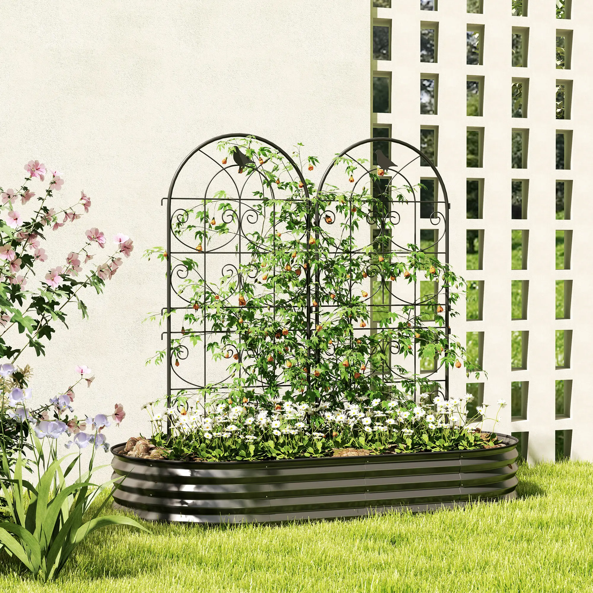 Lot de 2 Treillages Métal Motif Oiseaux Plantes Grimpantes 50×120 cm Noir – ComfortXL Outdoor Living