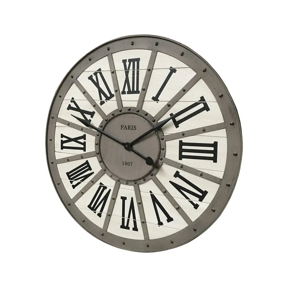 ~ Grande horloge murale décorative vintage salon métal gris blanc 94cm Chemin de campagne