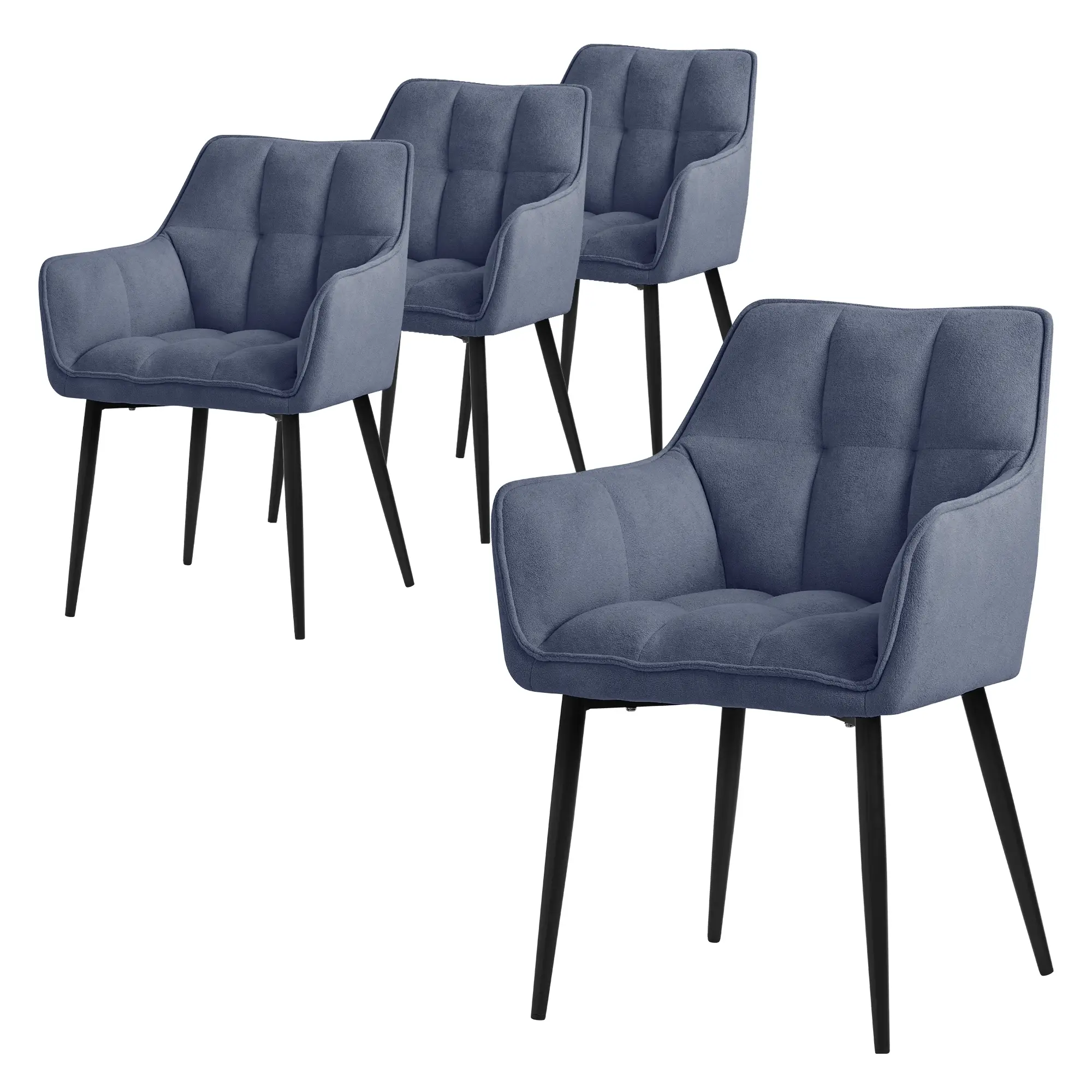 Lot de 4 chaises de salle à manger bleu dossier et accoudoirs ergonomiques assise rembourrée en tissu éponge piètement noir en métal design moderne