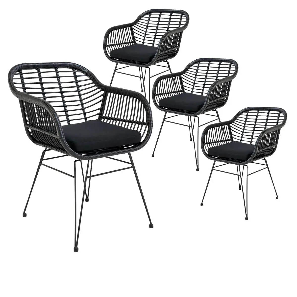 Lot de 4 Fauteuils Rotin Synthétique Noir et Pieds Acier – PILA