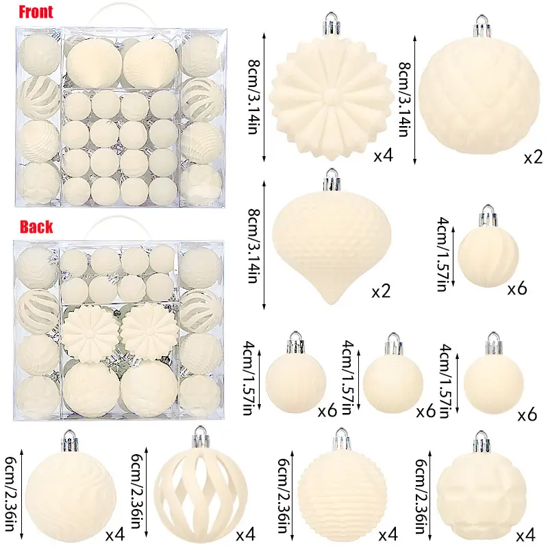 Lot de 48 décorations de Noël en velours, boules en plastique floquées de 4/6/8 cm, décorations festives pour Noël, ornement festif à suspendre, blanc