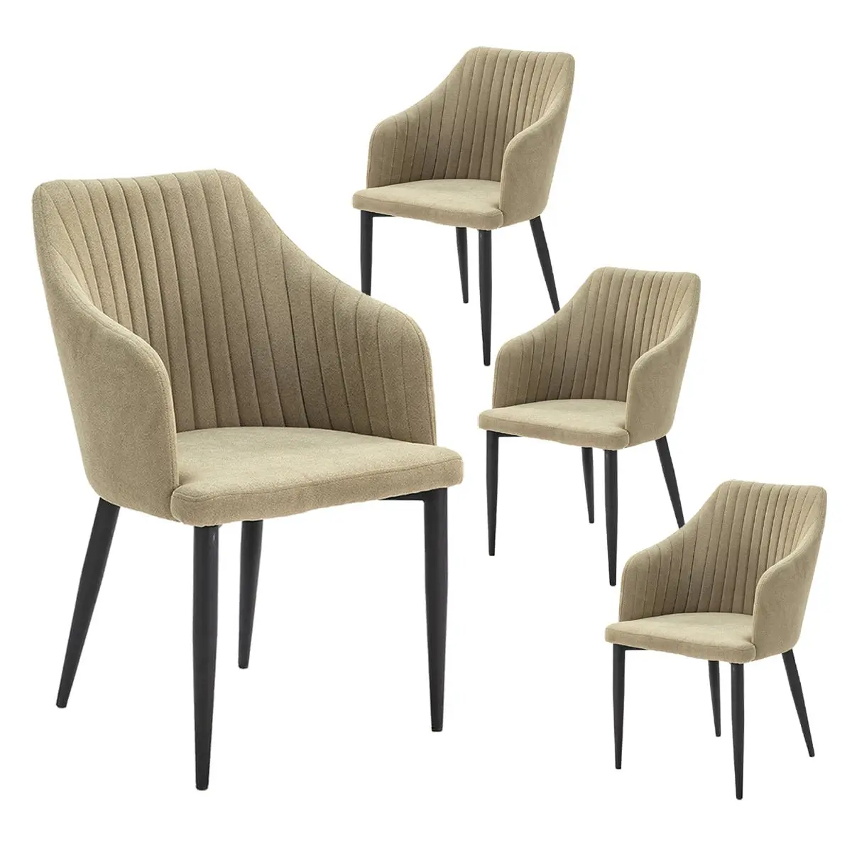 Lot de 4 Fauteuils Tissu Vert Surpiqures Verticales Pieds Métal Noir – FASCA