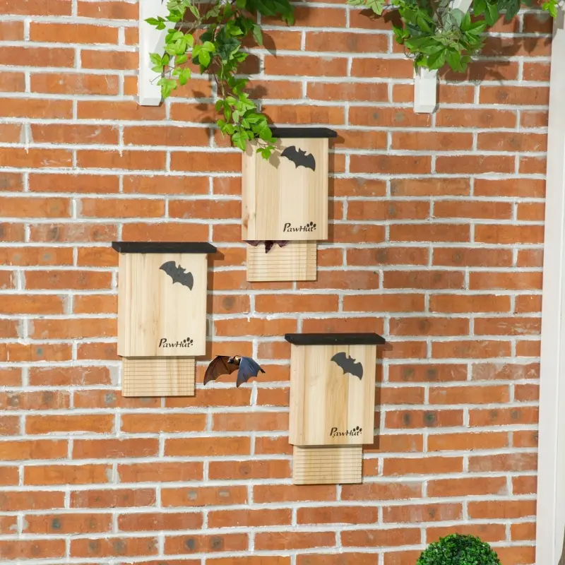 Lot de 3 Nichoirs Chauves-souris Bois Sapin Jardin Abri Météo 25x37cm Naturel – ComfortXL Outdoor Living