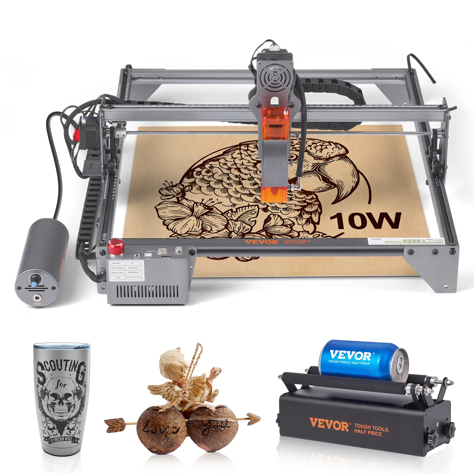VEVOR Graveur laser 10 W, zone 40×40 cm. Vitesse 10000 mm/min, rouleau rotatif.