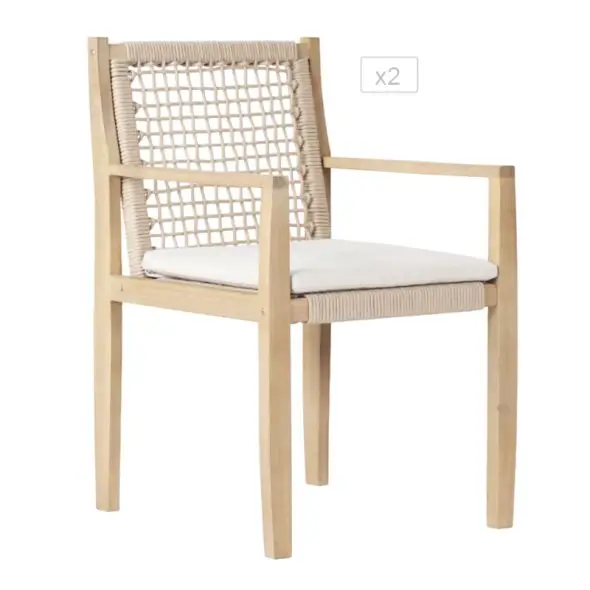 Lot de 2 fauteuils SAMOA en bois d’acacia et corde avec coussins Beau Rivage
