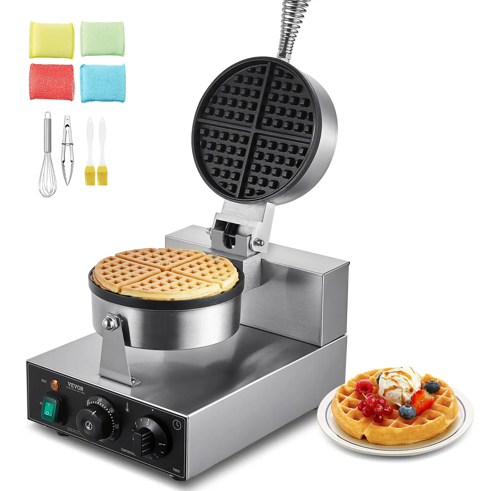 VEVOR Gaufrier commercial 1230W, appareil gaufre ronde inox antiadhésive, contrôle temperature/temps.
