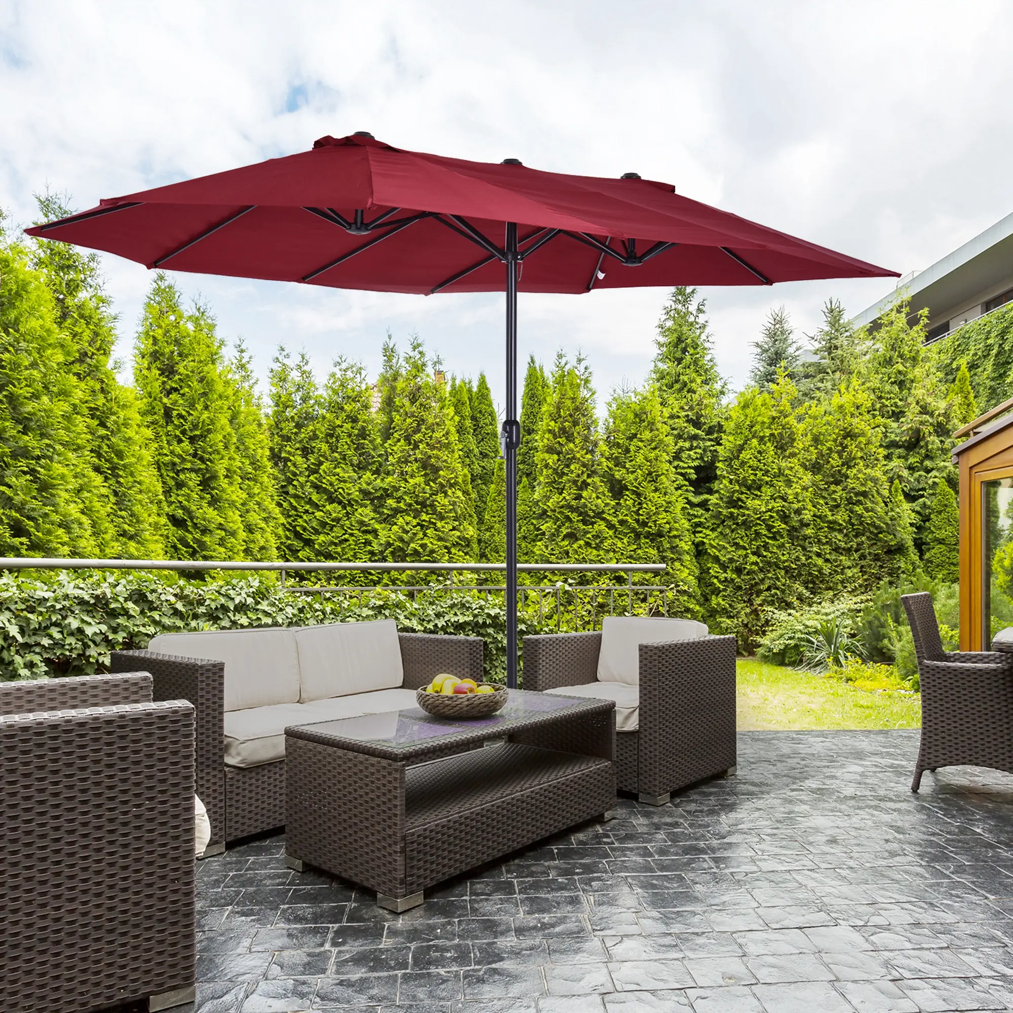 Parasol double extérieur acier jardin terrasse manivelle 455x265cm rouge bordeaux