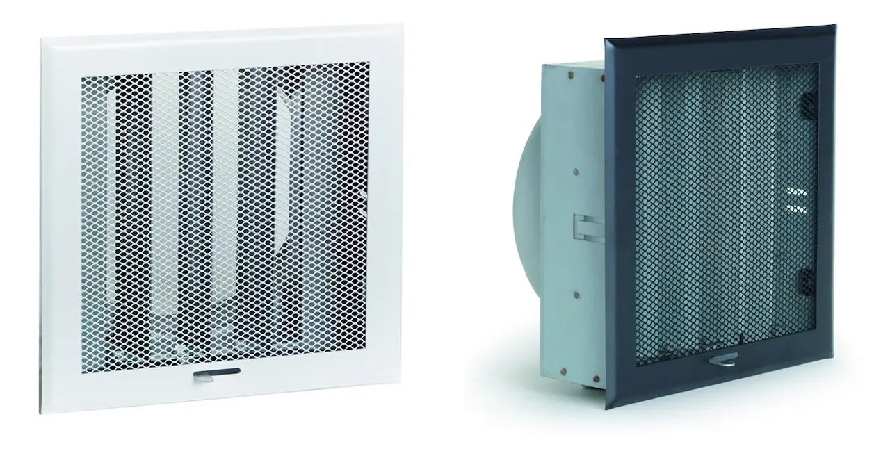 Grille de hotte blanche avec boîtier obturateur Ø100 mm – 150 x 150 mm