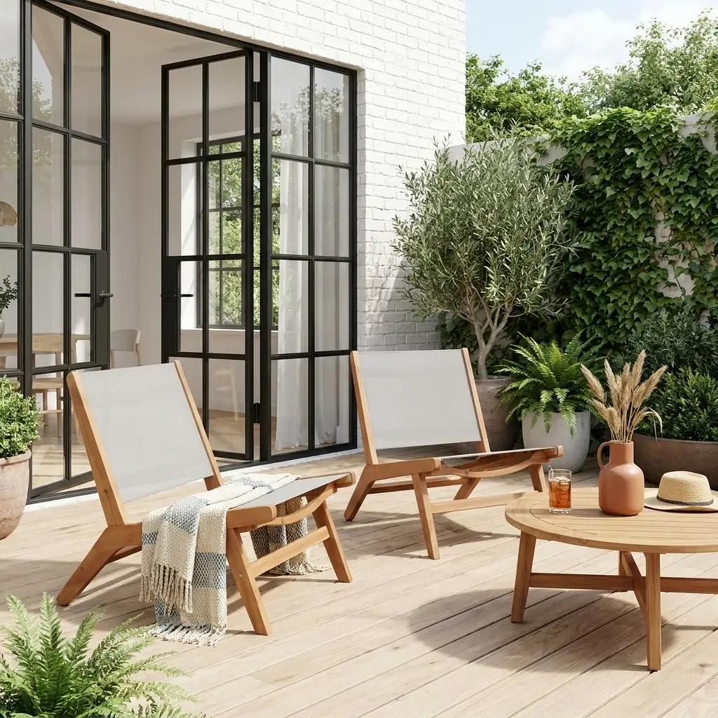 Lot de 2 fauteuils relax bois d’acacia et textilène gris – Madera | sweeek