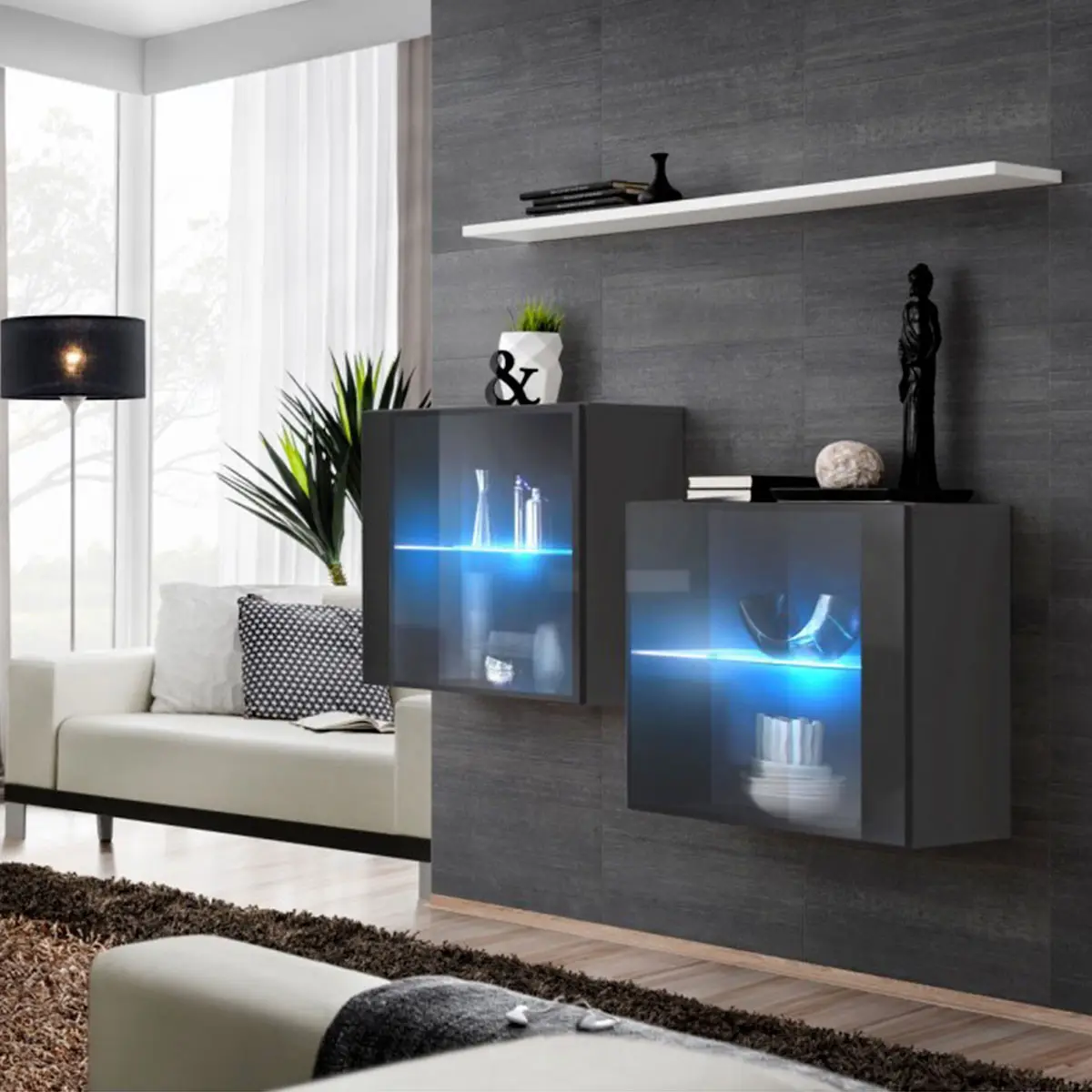 Lot de 2 Vitrines Murales & Étagère «Switch SBIII» 130cm Gris & Blanc