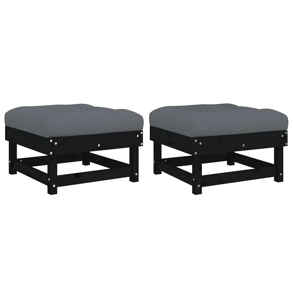 Lot de 2 Repose-pieds de jardin | Tabouret de jardin | Pouf coussins noir bois pin massif Maison Chic