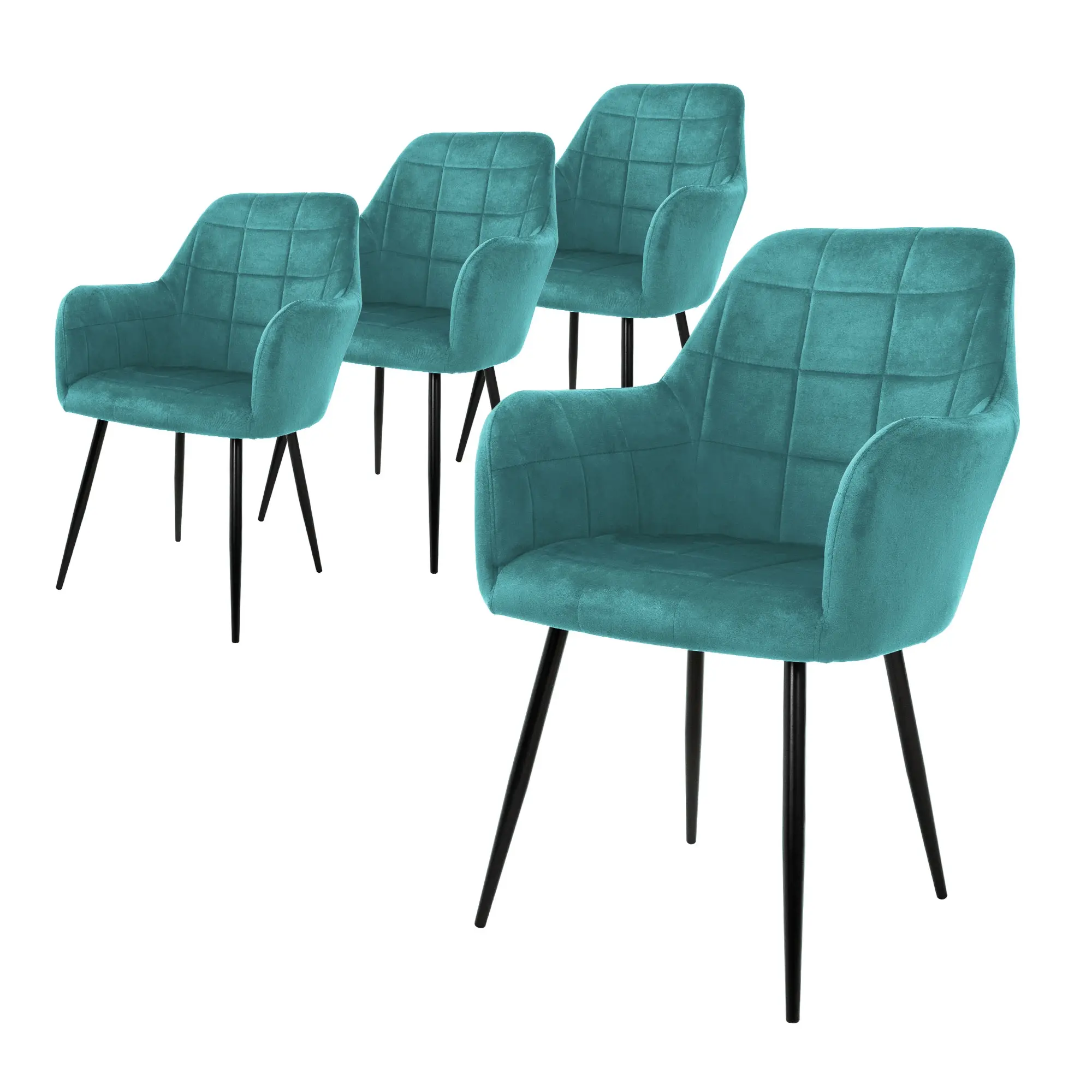 Lot de 4 chaises de salle à manger pétrole assise dossier et accoudoirs ergonomiques revêtement en velours doux pieds noir en acier style moderne