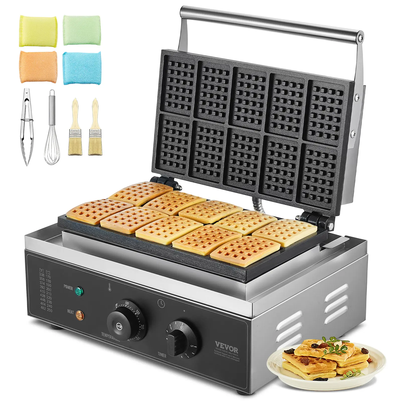 VEVOR Gaufrier commercial 1550W, appareil gaufres belges rectangulaires capacité 10 PCs, inox.