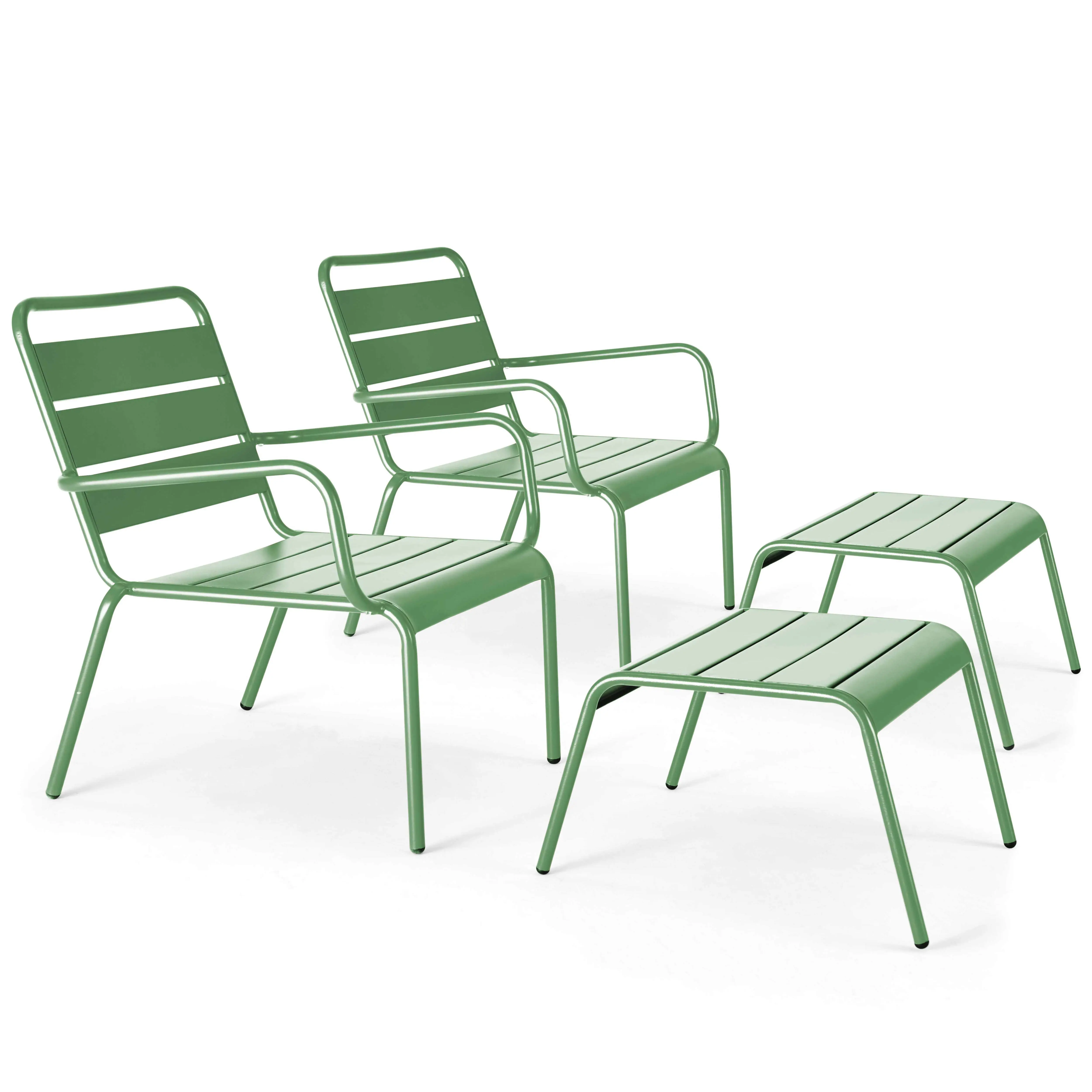 Lot de 2 fauteuils relax avec repose-pieds en métal vert cactus Palavas – Oviala