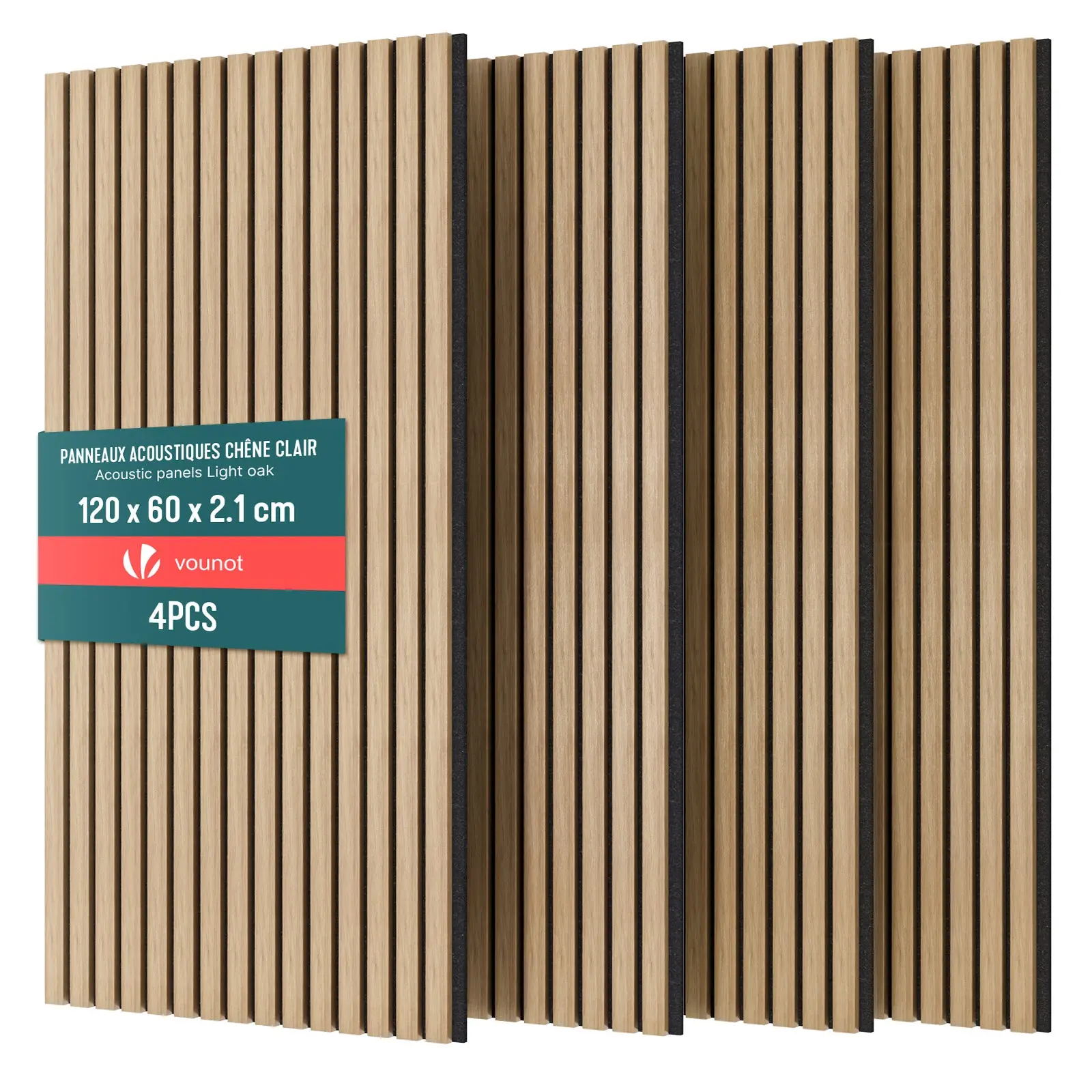 Lot de 4 panneaux acoustiques muraux Tasseaux en bois MDF avec feutre noir 120x60x2.1cm chene clair