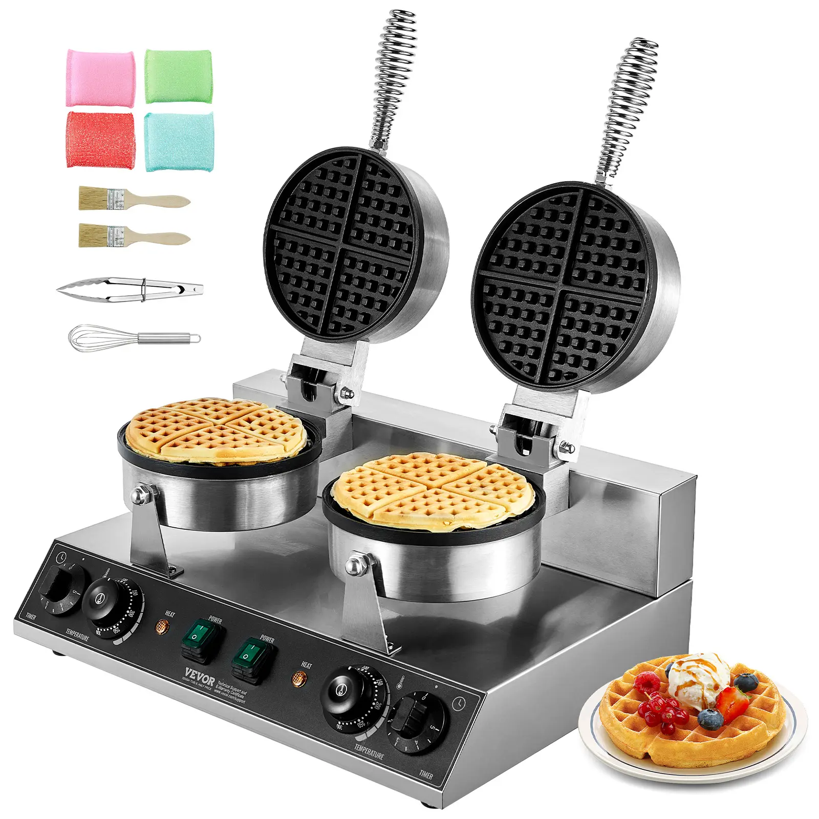 VEVOR Gaufrier commercial 2460W, appareil gaufre ronde double tête, inox, contrôle temperature/temps.