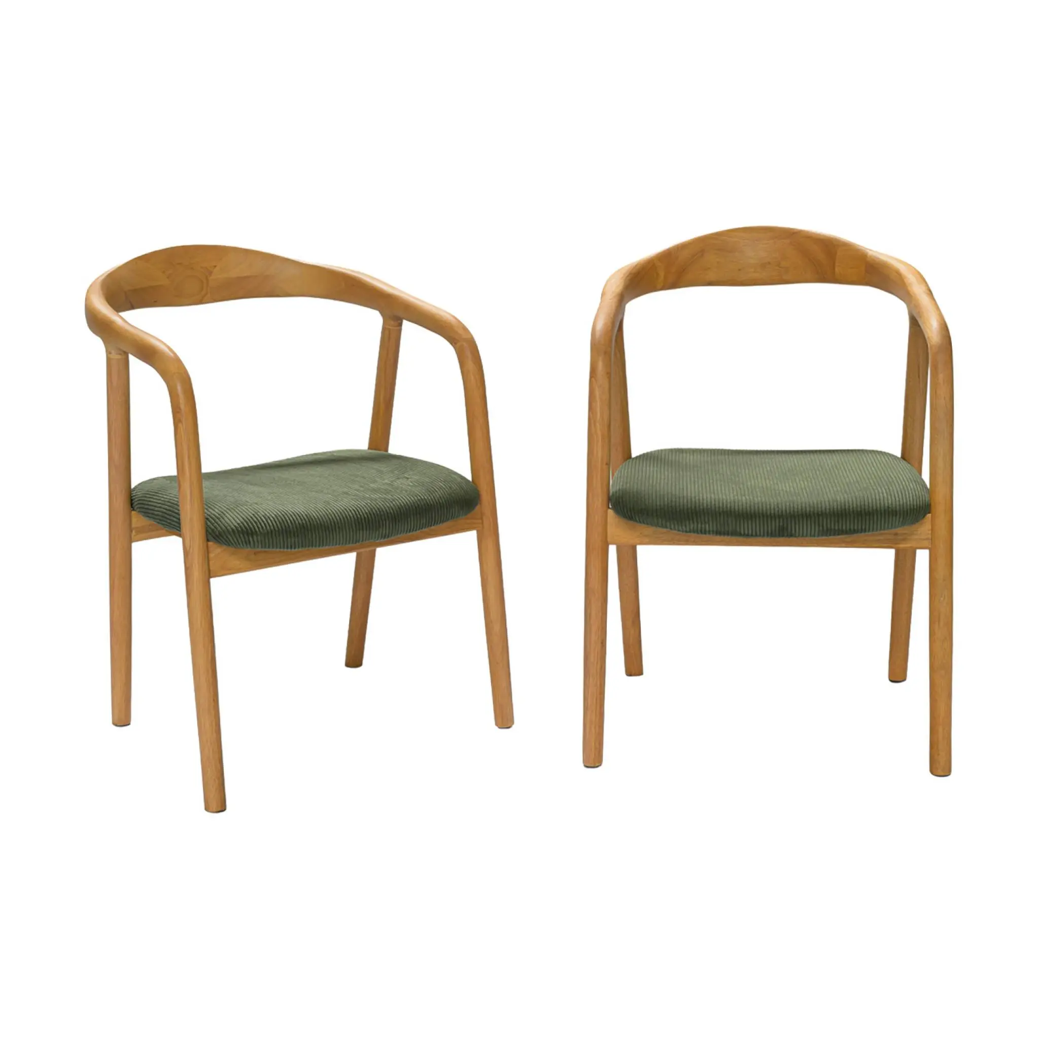 Lot de 2 fauteuils vintage bois d’hévéa naturel et velours côtelé kaki – L 55 x P 58 x H 79 cm | sweeek