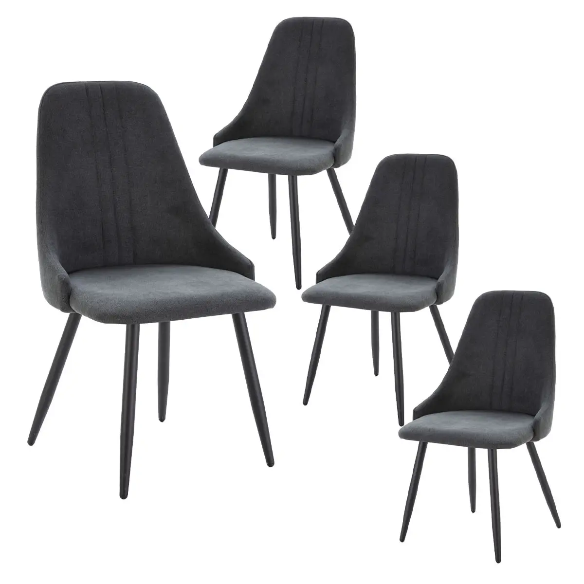 Lot de 4 Chaises Tissu Gris Antracite 3 Lignes Surpiquées Pieds Métal Noir – MICAT