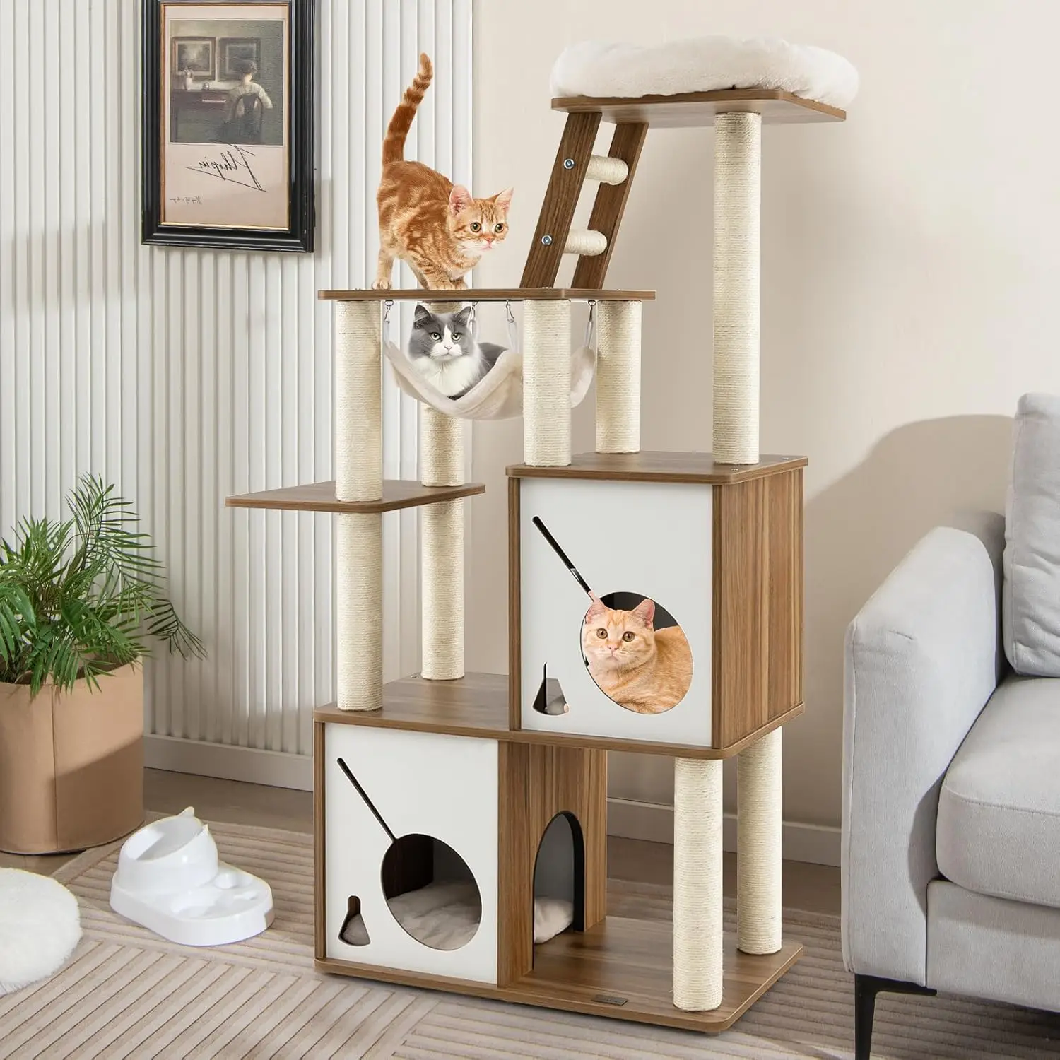 Grand Arbre à Chat en Bois, Tour à Chat avec 2 Condos et Hamac, Centre d’Activités pour Chat avec Poteau en Sisal et Échelle, Nature