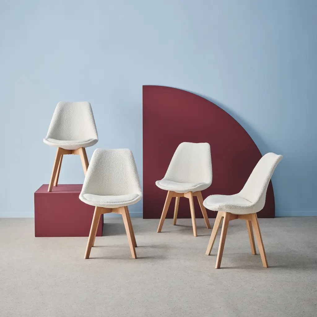 Lot de 4 chaises scandinaves revêtement bouclette texturée blanc. pieds bois de hêtre – Nils | sweeek