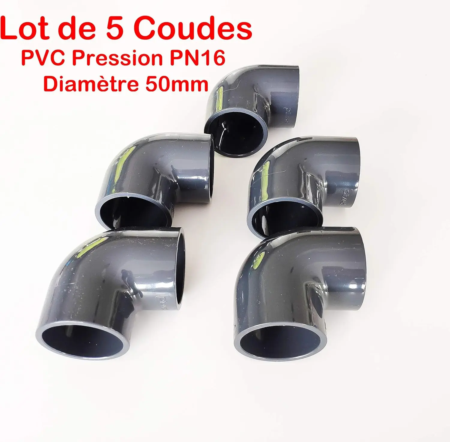 Lot de 5 Coudes 90° 50mm PVC Pression PN16 / Piscine, évécuation et arrosage 5cm 50mm