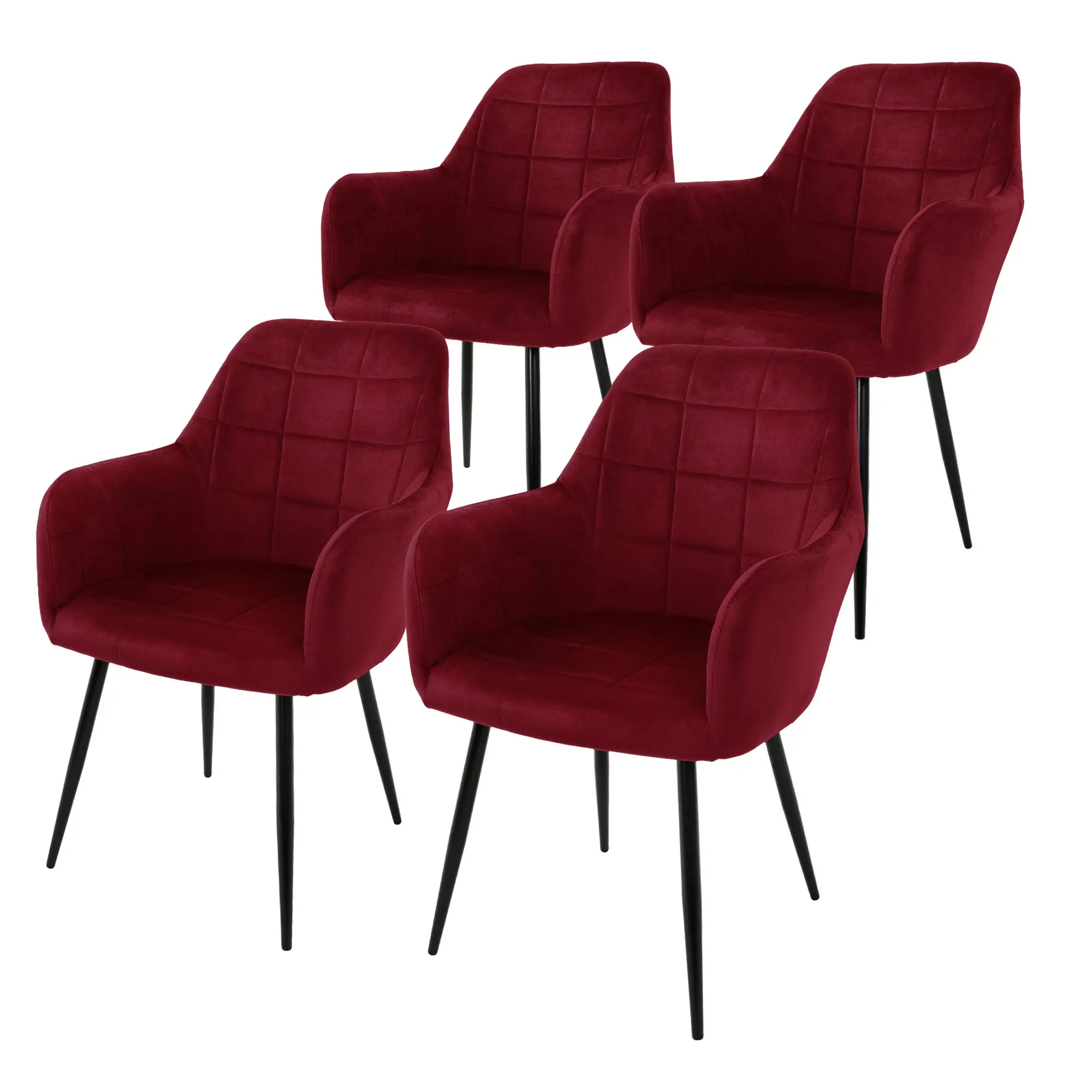 Lot de 4 chaises de salle à manger bordeaux dossier et accoudoirs ergonomiques revêtement en velours doux piètement noir en acier design moderne
