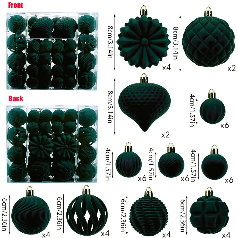 Lot de 48 boules de Noël en velours floquées, décorations de Noël à suspendre pour sapin de Noël, décoration de cheminée, vert foncé
