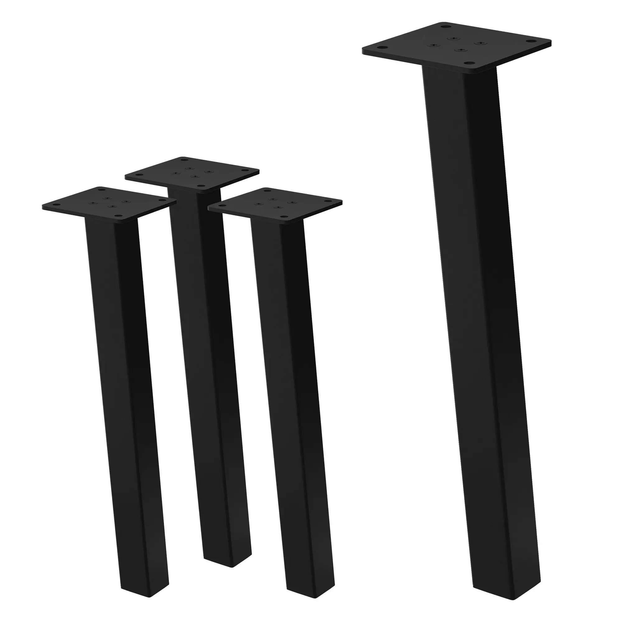 Lot de 4 pieds de table inclinés H42 cm noir brillant acier laqué époxy profil carré 4×4 cm forme en I rectiligne inclinaison 96° protections de sol