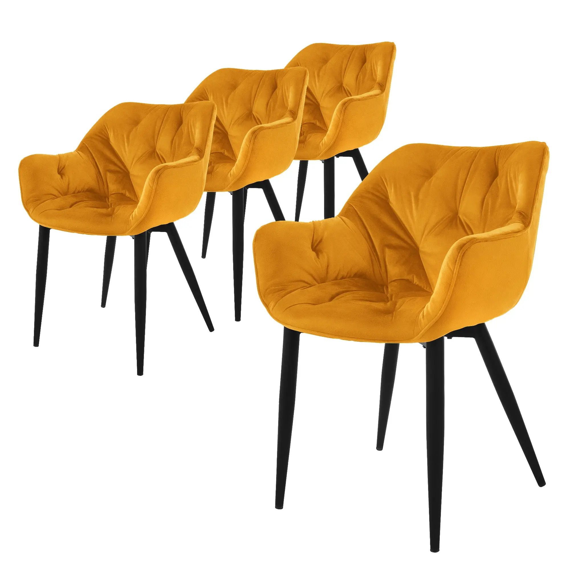 Lot de 4 chaises de salle à manger moutarde dossier et accoudoirs ergonomiques revêtement en velours doux piètement noir en métal design moderne