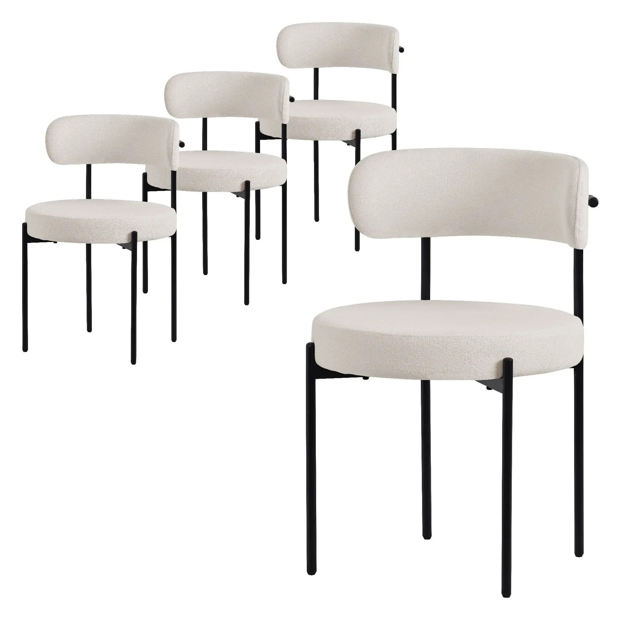 Lot de 4 chaises de salle à manger blanc avec dossier ergonomique revêtement en tissu teddy doux en polyester piètement noir en acier design élégant