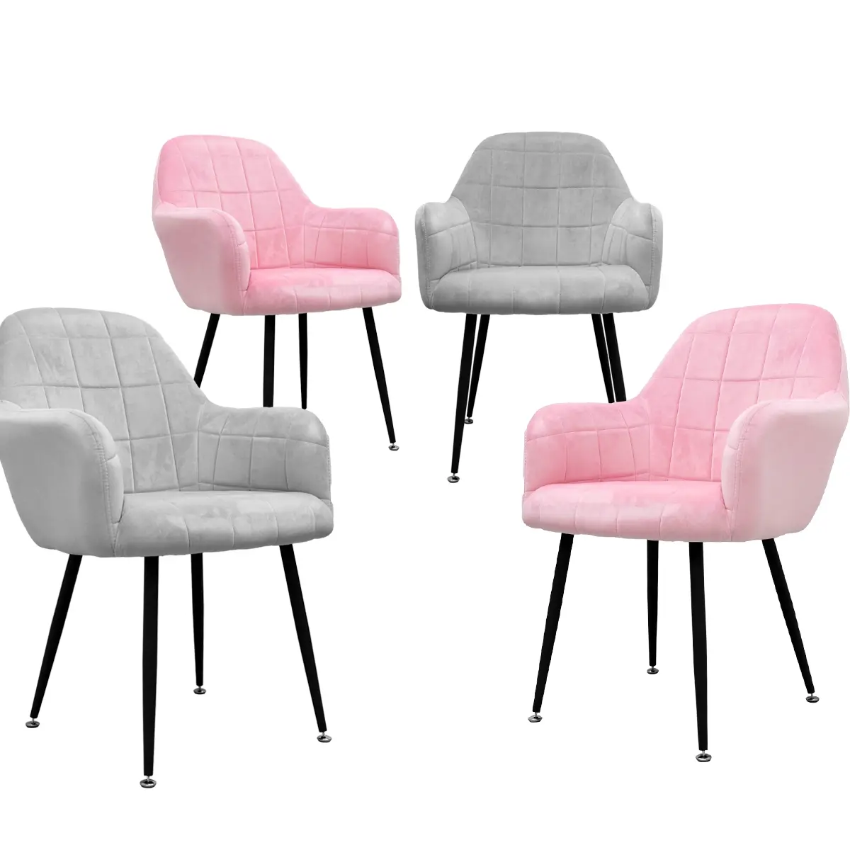 Lot de 4 chaises de salle à manger gris/rose dossier et accoudoirs ergonomiques revêtement en polyester résistant piètement en acier design élégant