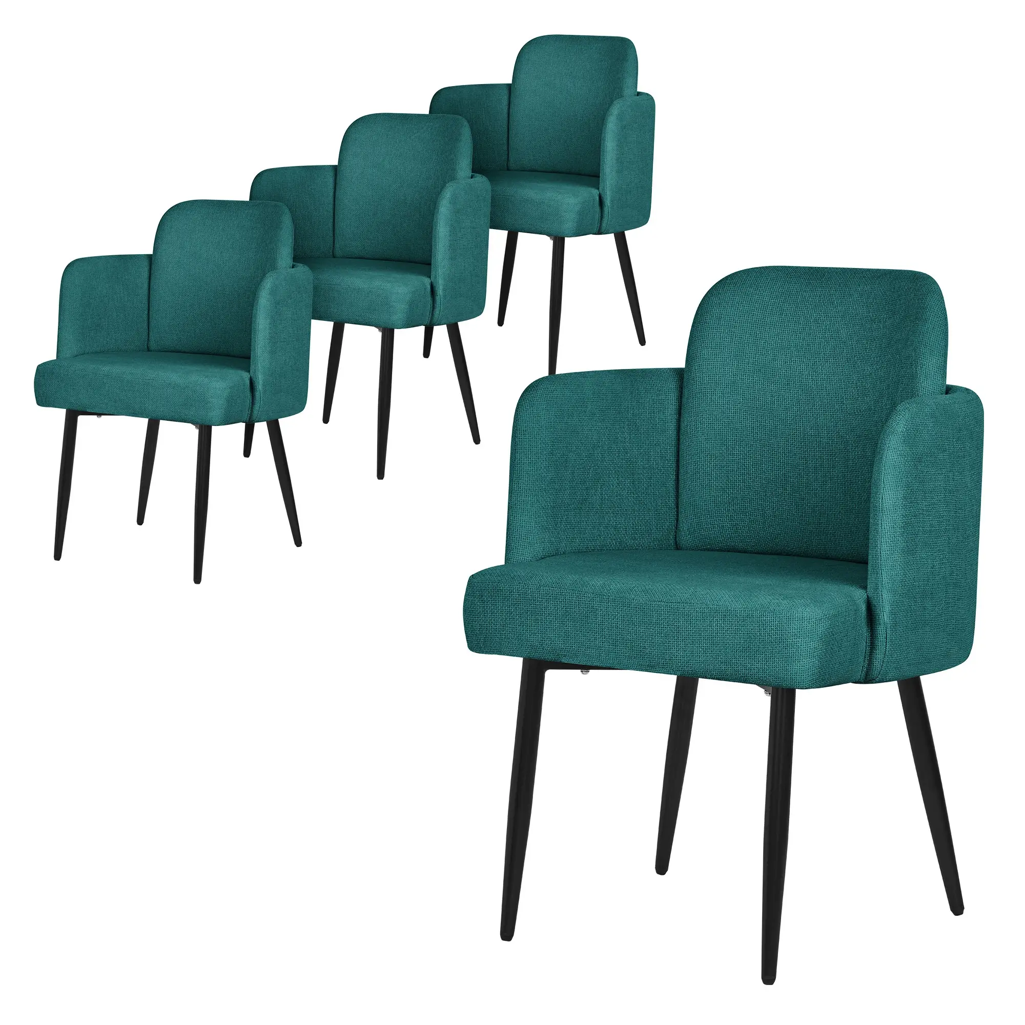 Lot de 4 chaises salle à manger en tissu bleu pétrole avec accoudoirs et dossier aspect rotin pieds en métal assise rembourrée fauteuils ergonomiques