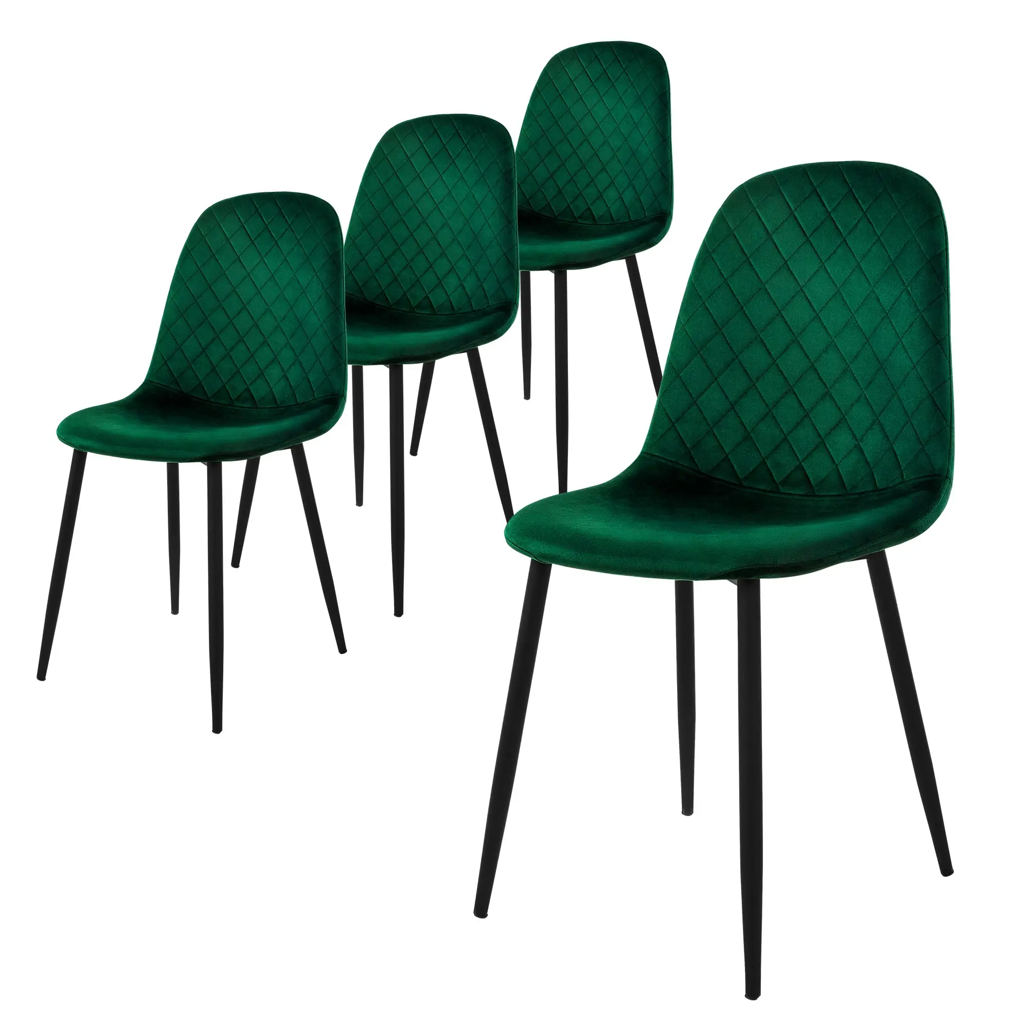 Lot de 4 chaises de salle à manger vert foncé dossier incurvé ergonomique assise rembourrée velours piètement métallique noir design moderne raffiné