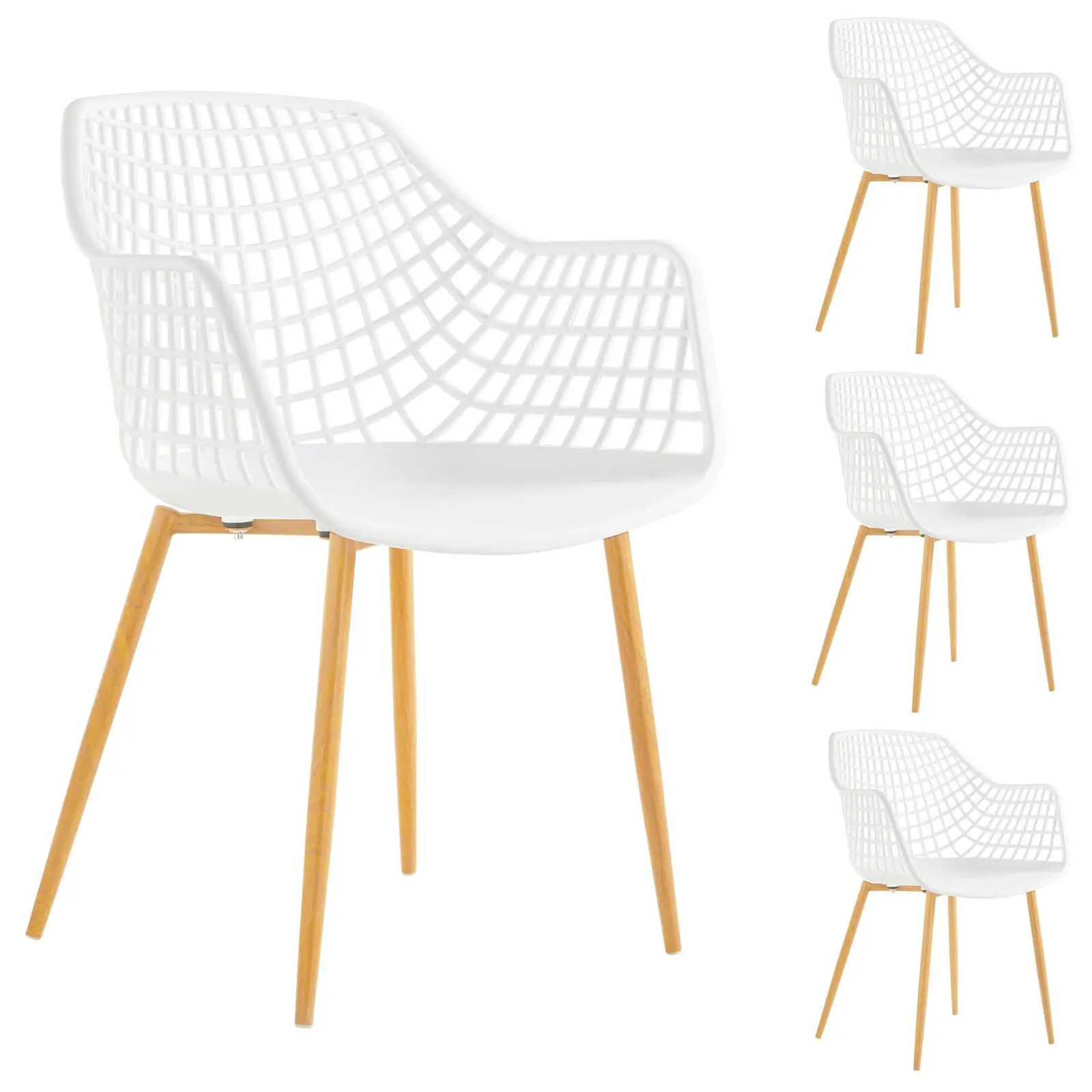 Lot de 4 chaises LUCIA, en plastique blanc et pieds en métal décor chêne sonoma