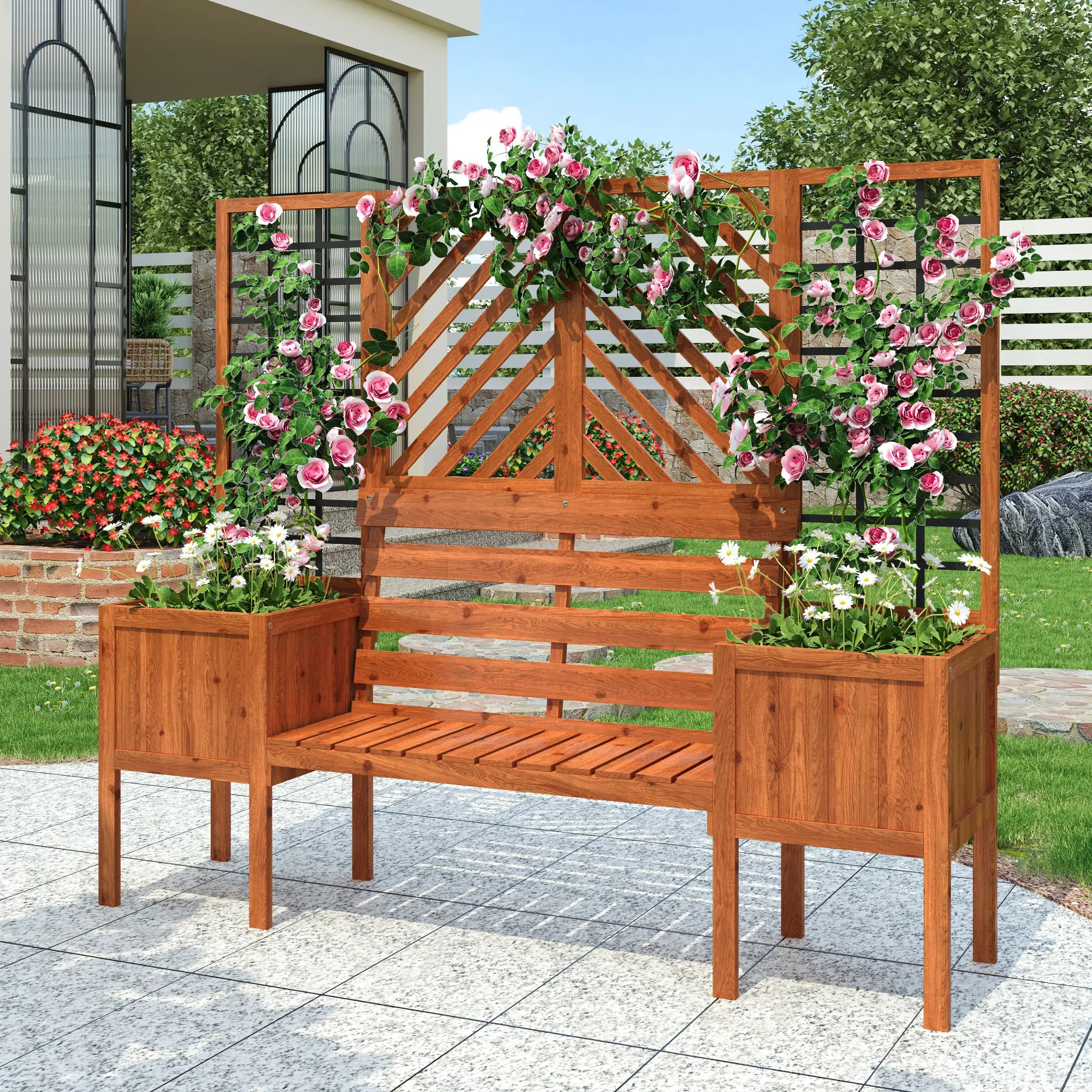Jardinière avec treillis et banc bois sapin massif jardin terrasse extérieur marron 170cm