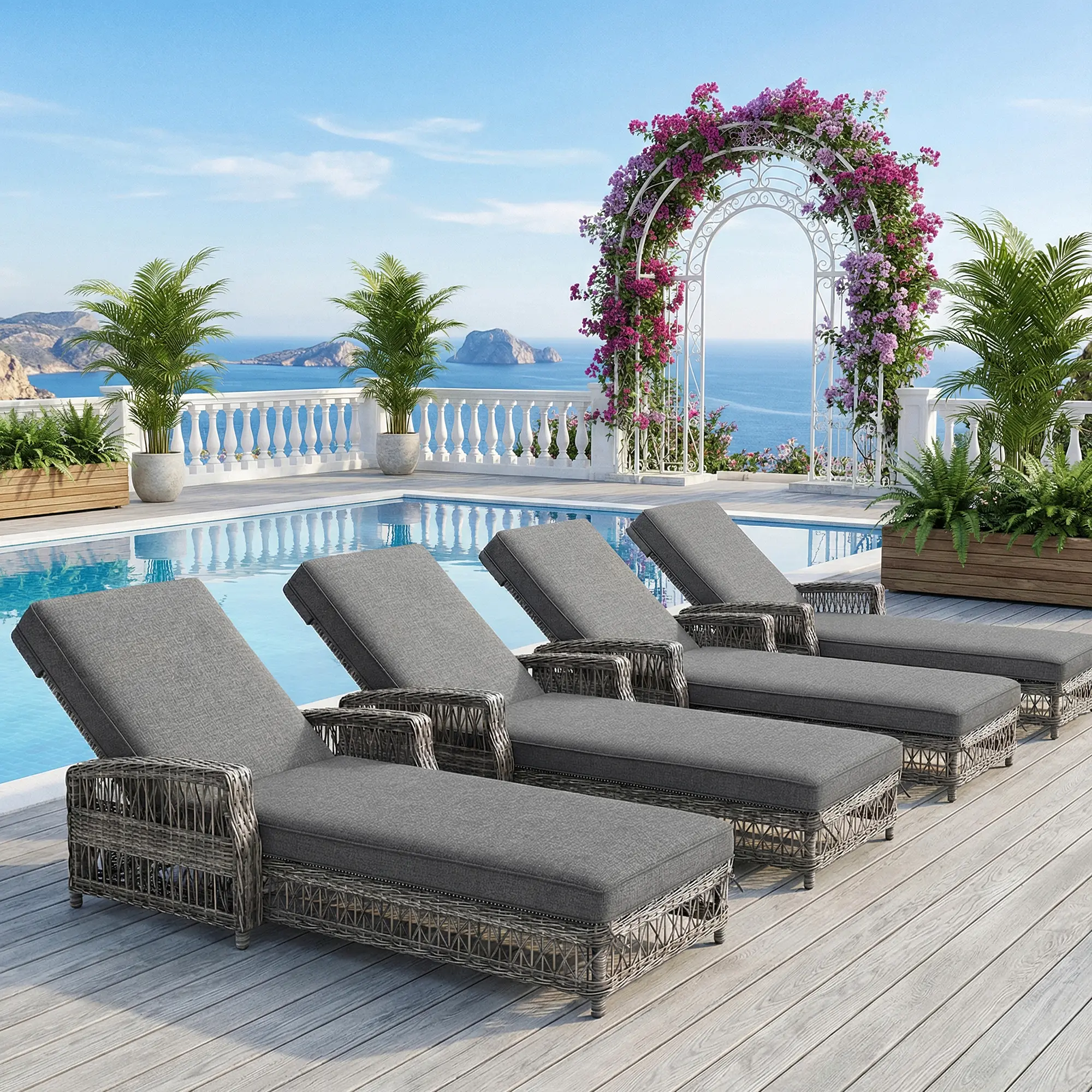 Lot de 4 bains de soleil résine tressée jardin dossier inclinable coussins gris – ComfortXL Outdoor Living