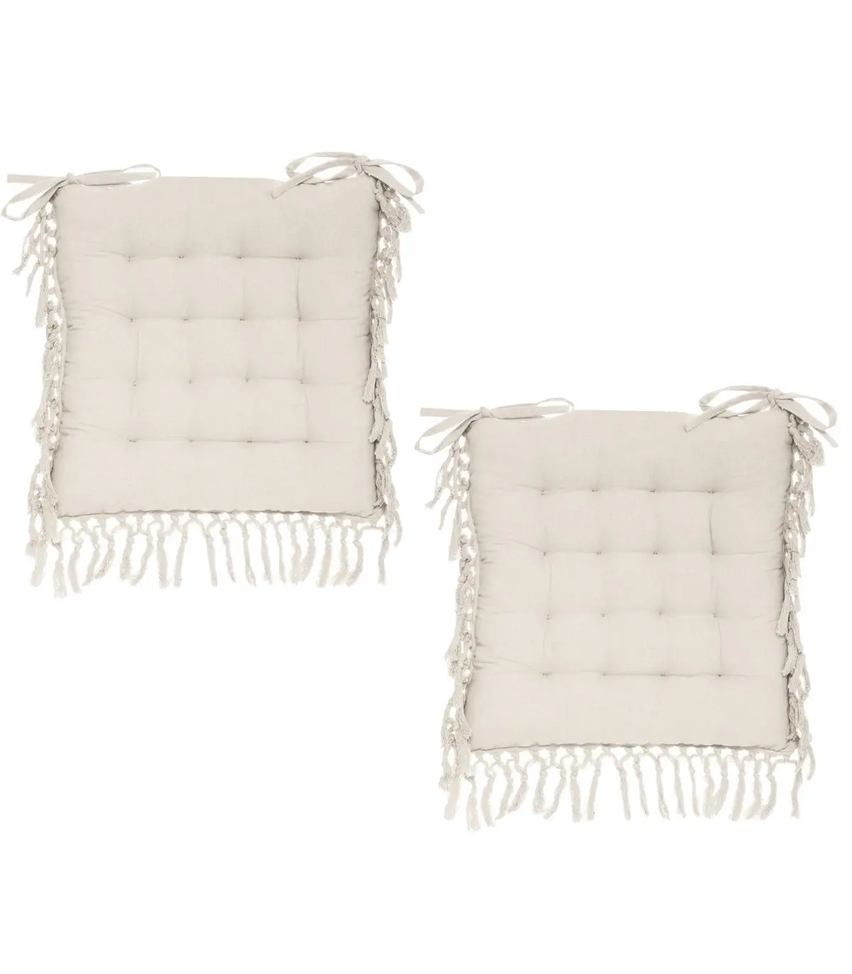 Lot de 2 Galettes de chaise en Coton Ivoire avec franges macramé 40 x 40 cm