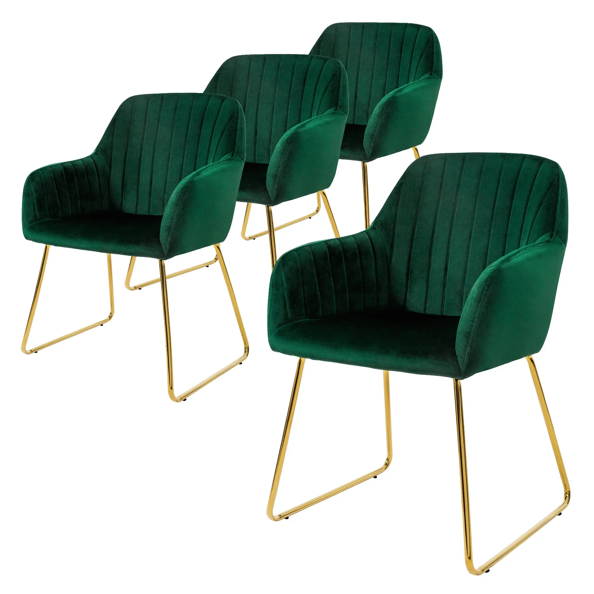 Lot de 4 chaises de salle à manger vert dossier et accoudoirs ergonomiques revêtement en velours respirant piètement doré en métal design élégant