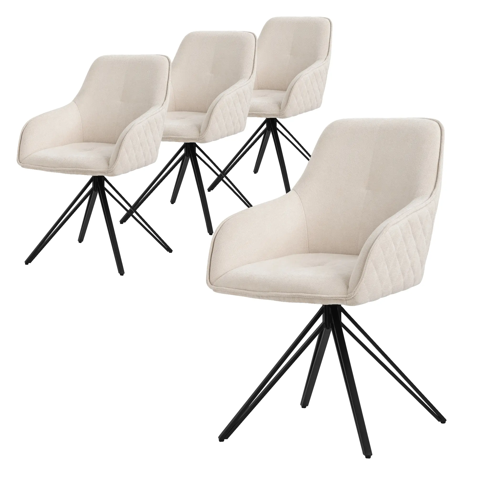 Lot de 4 chaises de salle à manger crème pivotante avec dossier et accoudoirs ergonomiques revêtement en textile tissé piètement noir en métal