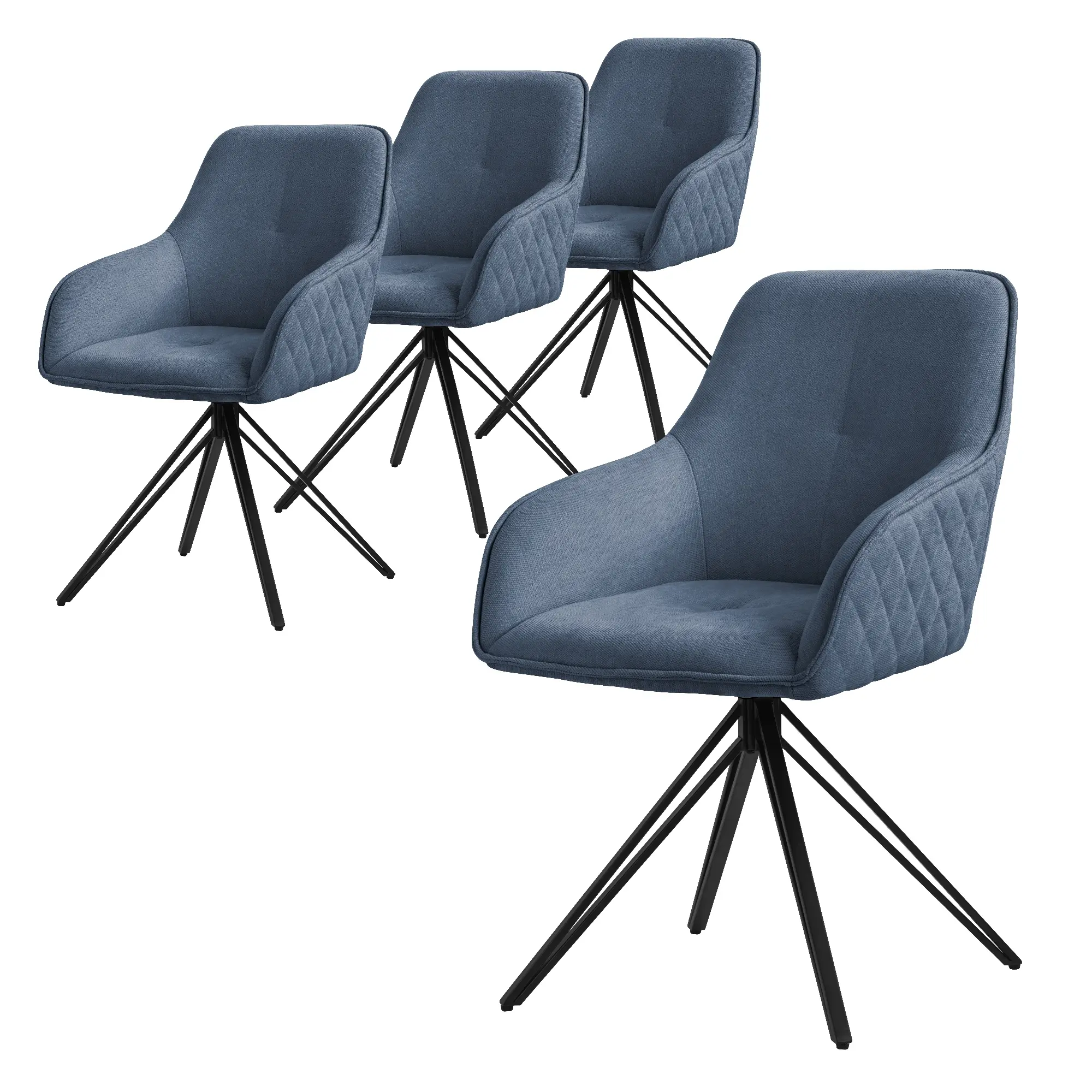 Lot de 4 chaises de salle à manger bleu pivotante avec dossier et accoudoirs ergonomiques revêtement en textile tissé piètement noir en métal
