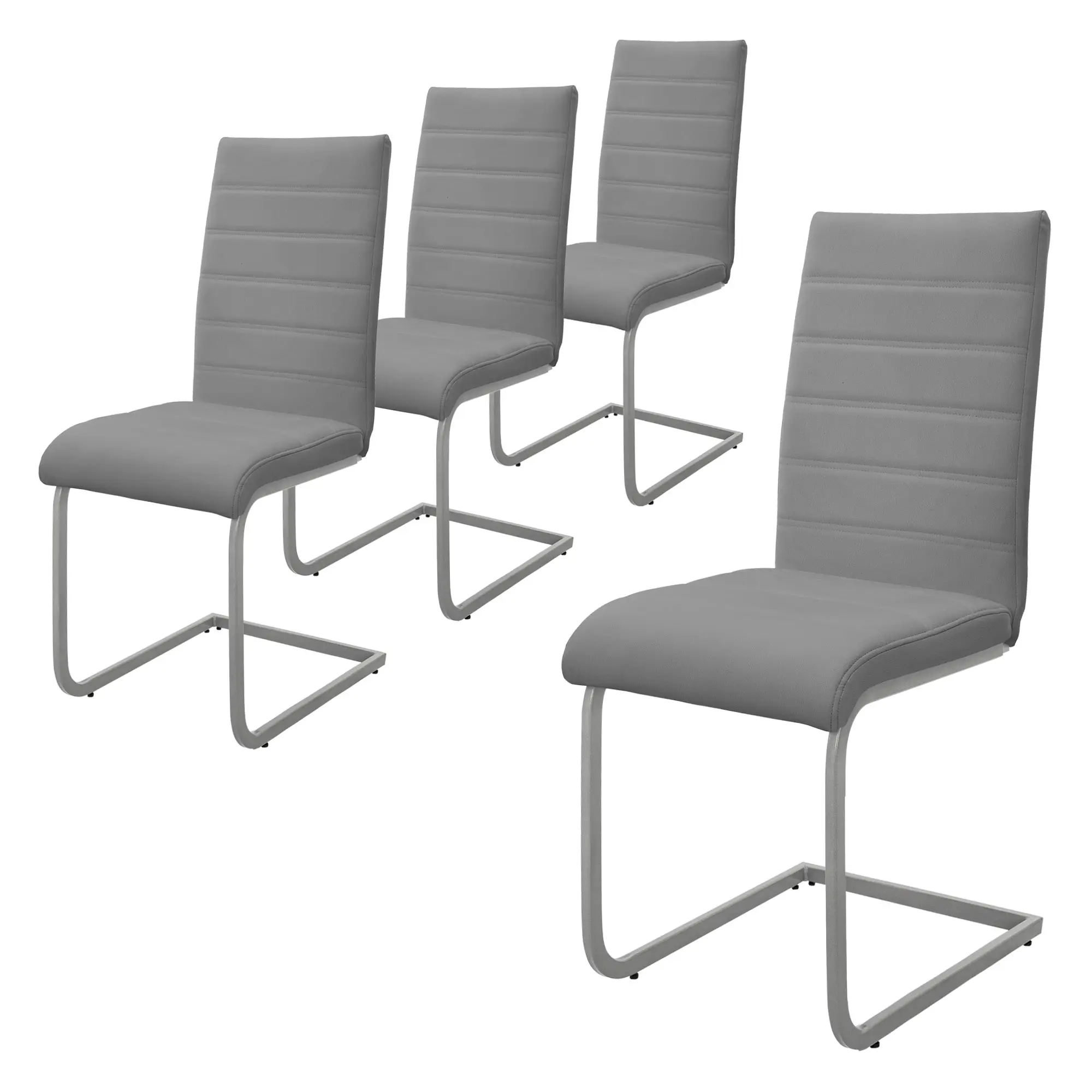 Lot de 4 chaises de salle à manger gris cantilever à piétement métallique luge argenté assise rembourrée en matériau synthétique patins inclus