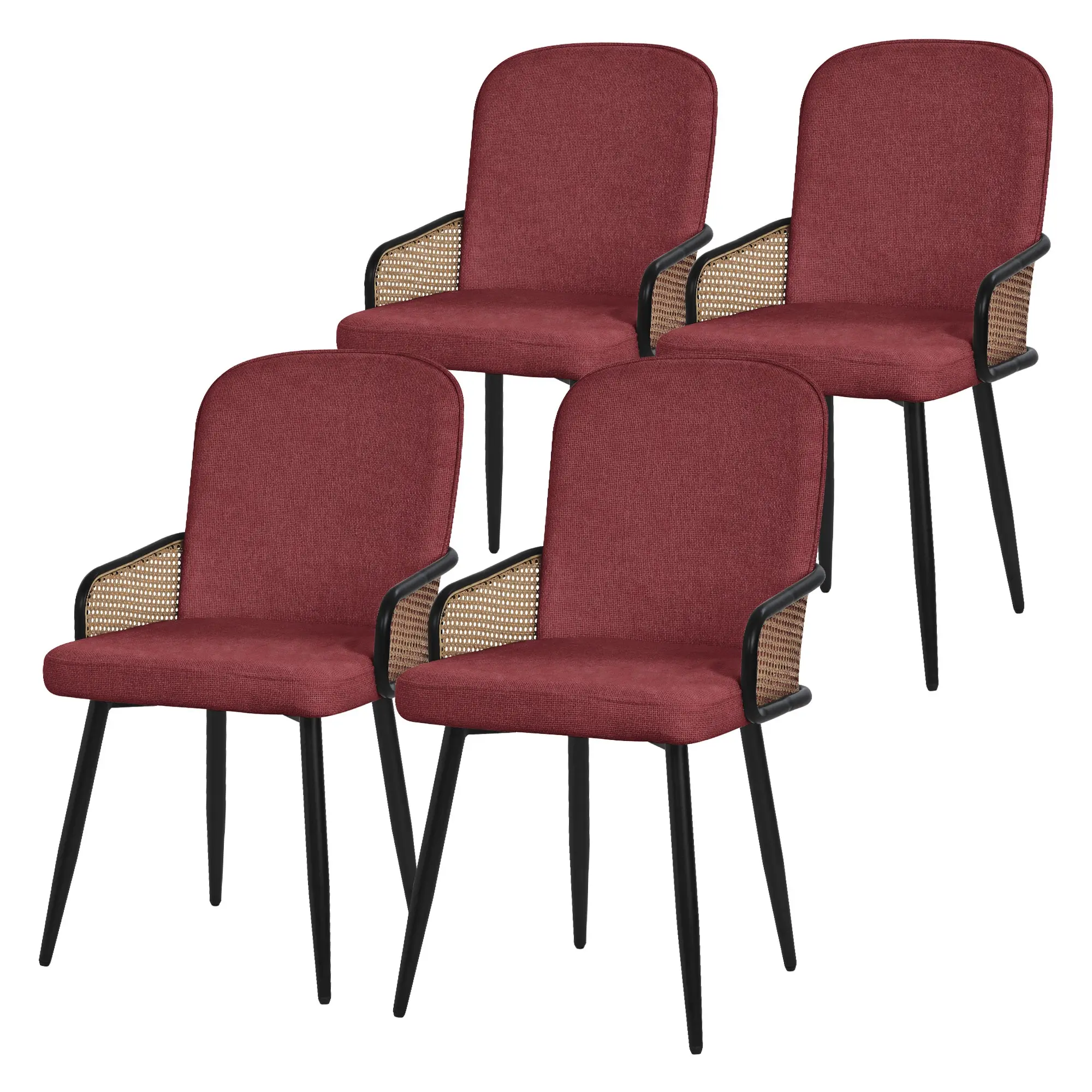 Lot de 4 chaises de salle à manger en tissu rouge avec accoudoirs en rotin pieds en métal noir assise rembourrée confortable fauteuils ergonomiques
