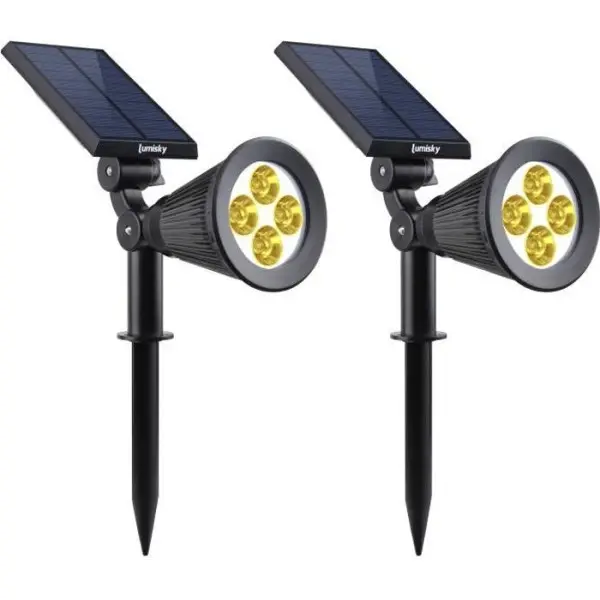 Lot de 2 projecteurs solaires a LED Spiky – LUMI JARDIN – 200 Lumens – Blanc chaud – Etanche – 34 cm